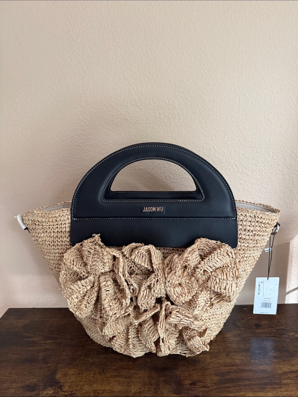 Jason Wu Black & Natural Raffia Tote with Floral Raffia Applique